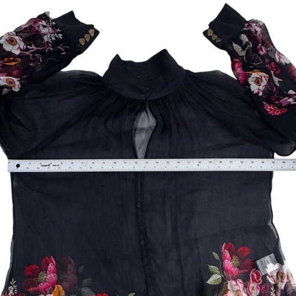 Camilla Mirror Mirror Raglan Button Up Shirt Black Floral Sheer Silk Blouse Sz L - Picture 16 of 16